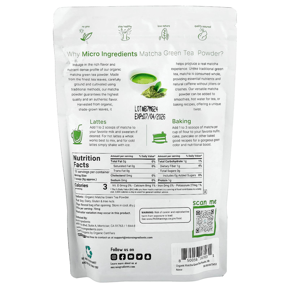 Micro Ingredients, органический зеленый чай матча в виде порошка, 454 г (1 фунт)