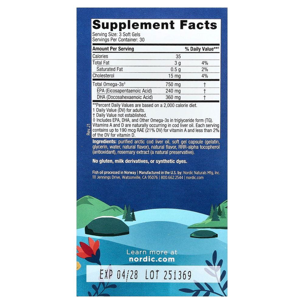 Nordic Naturals, Arctic Cod Liver Oil™, лимон, 90 капсул