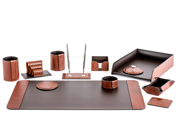 Настольный набор руководителя Тренд из кожи люкс FG Tan treccia/шоколад 12 предметов