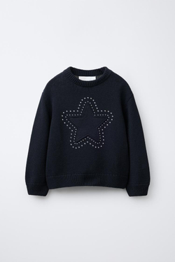 ZARA ВЯЗАНЫЙ СВИТЕР С ЗВЕЗДАМИ И ЗАКЛЕПКАМИ, МОСРКОЙ СИНИЙ