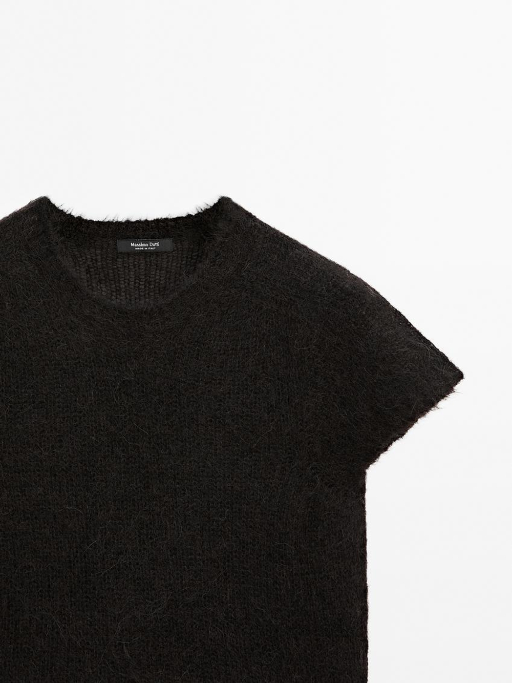 Massimo Dutti Трикотажный свитер из смесовой альпаки с короткими рукавами, кофейный