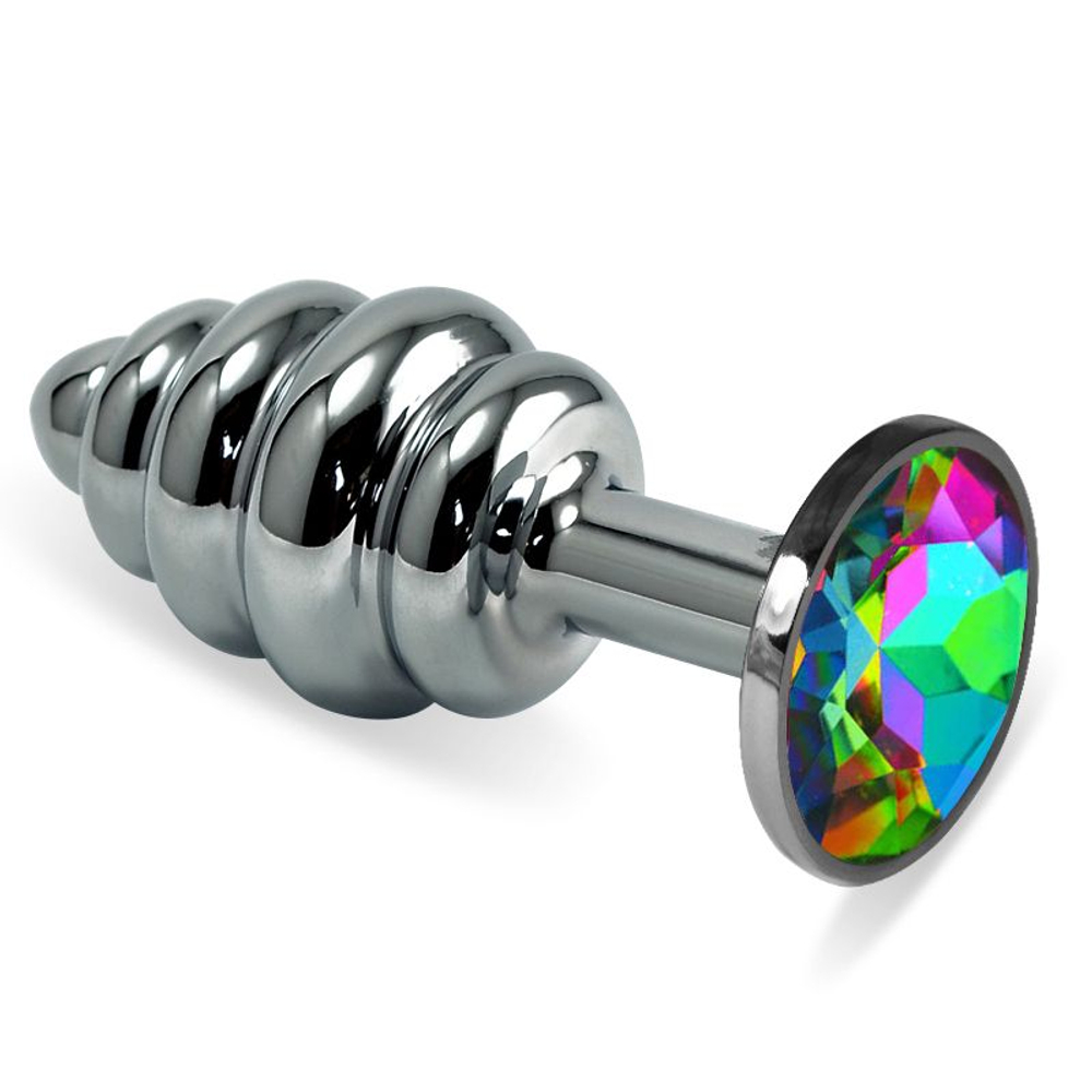 Серебристая ребристая анальная пробка с разноцветным кристаллом - 7,5 см. (Цвет: разноцветный)