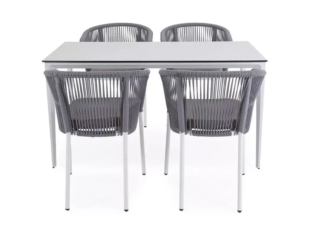 "Малага" обеденная группа на 4 персоны со стульями "Марсель", каркас белый, роуп светло-серый