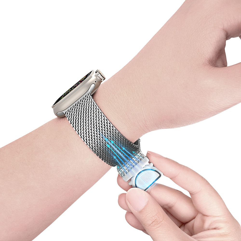 Ремешок из нержавеющей стали серебристого цвета для смарт часов Apple Watch 38, 40, 41 и 42мм, серия Milanese Air Series (миланская петля) от Dux Ducis