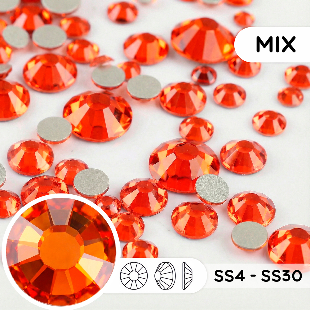 Стеклянные стразы холодной фиксации “Orange” — микс размеров SS4–SS30