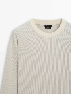 Massimo Dutti Свитер из хлопка букле с круглым вырезом, натуральный, кремовый