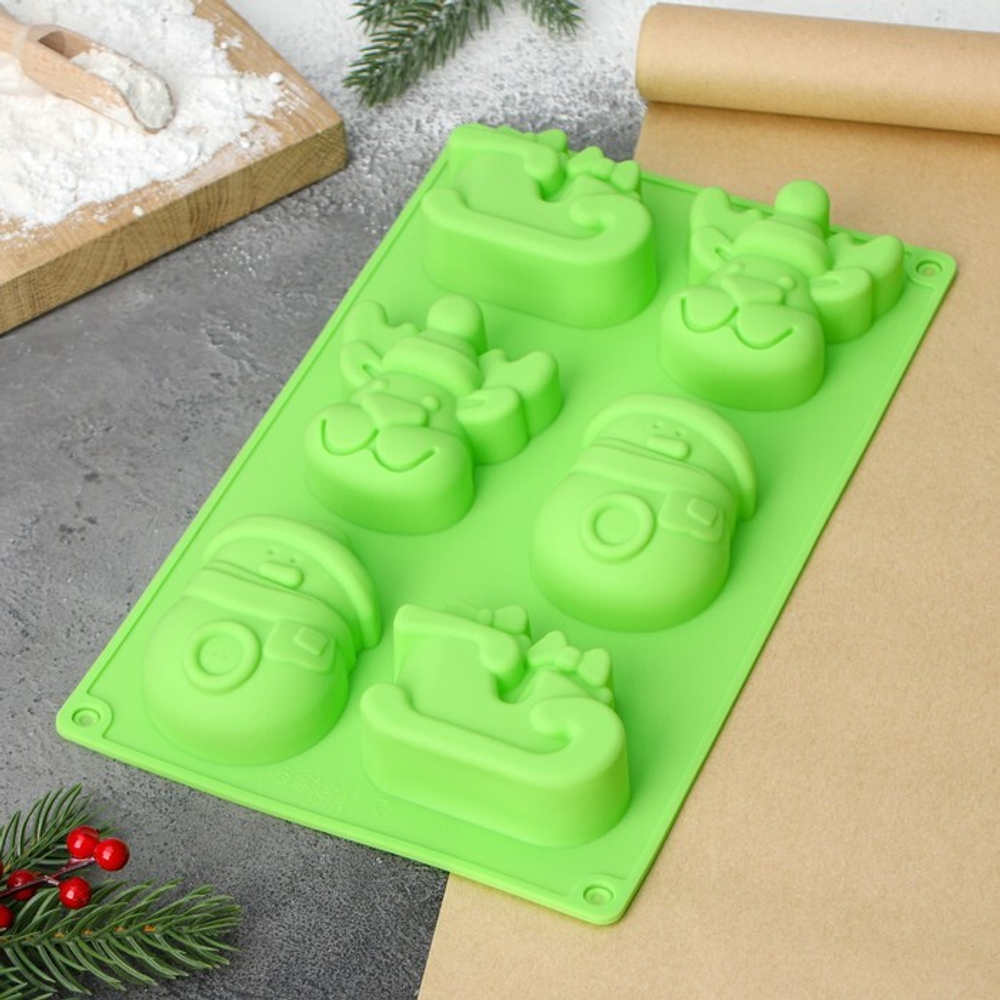 Форма силиконовая "Новый год" 6 ячеек, 27*17 см. (зеленый)