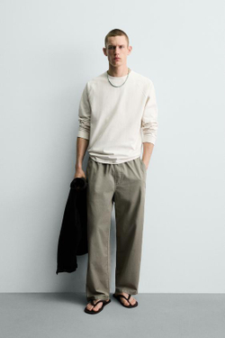ZARA ХЛОПКОВЫЕ БРЮКИ RELAXED FIT, СВЕТЛЫЙ ХАКИ