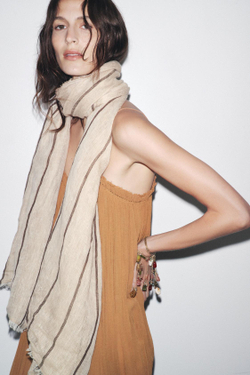 ZARA ПОЛОСАТЫЙ ПЛАТОК ИЗ 100% ЛЬНА, ПЕСОЧНЫЙ