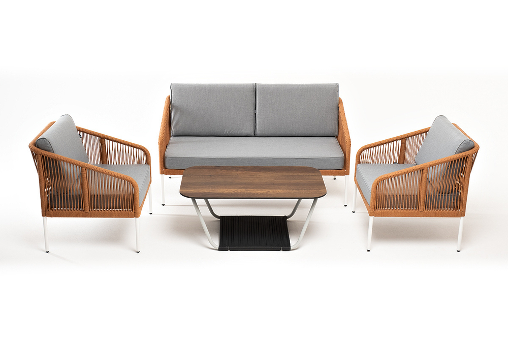 "Канны" лаунж-зона 4-местная из роупа со столом "Глория" цвет "дуб", каркас алюминиевый белый, роуп оранжевый меланж