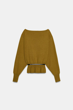 ZARA ВЯЗАНЫЙ СВИТЕР С ПОЯСОМ, ЦВЕТ ОЛИВКОВОГО МАСЛА