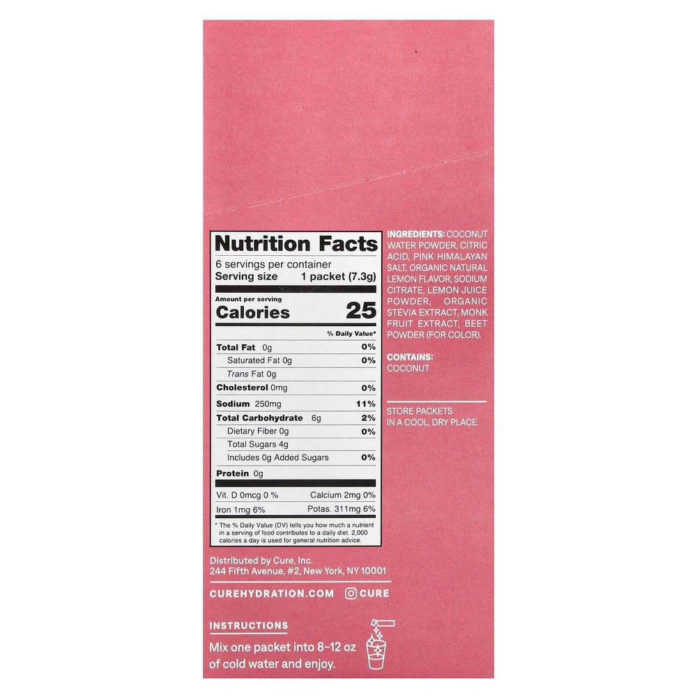 Cure Hydration, Kids, смесь для приготовления электролитов, розовый лимонад, 6 пакетиков по 7,3 г (0,26 унции)