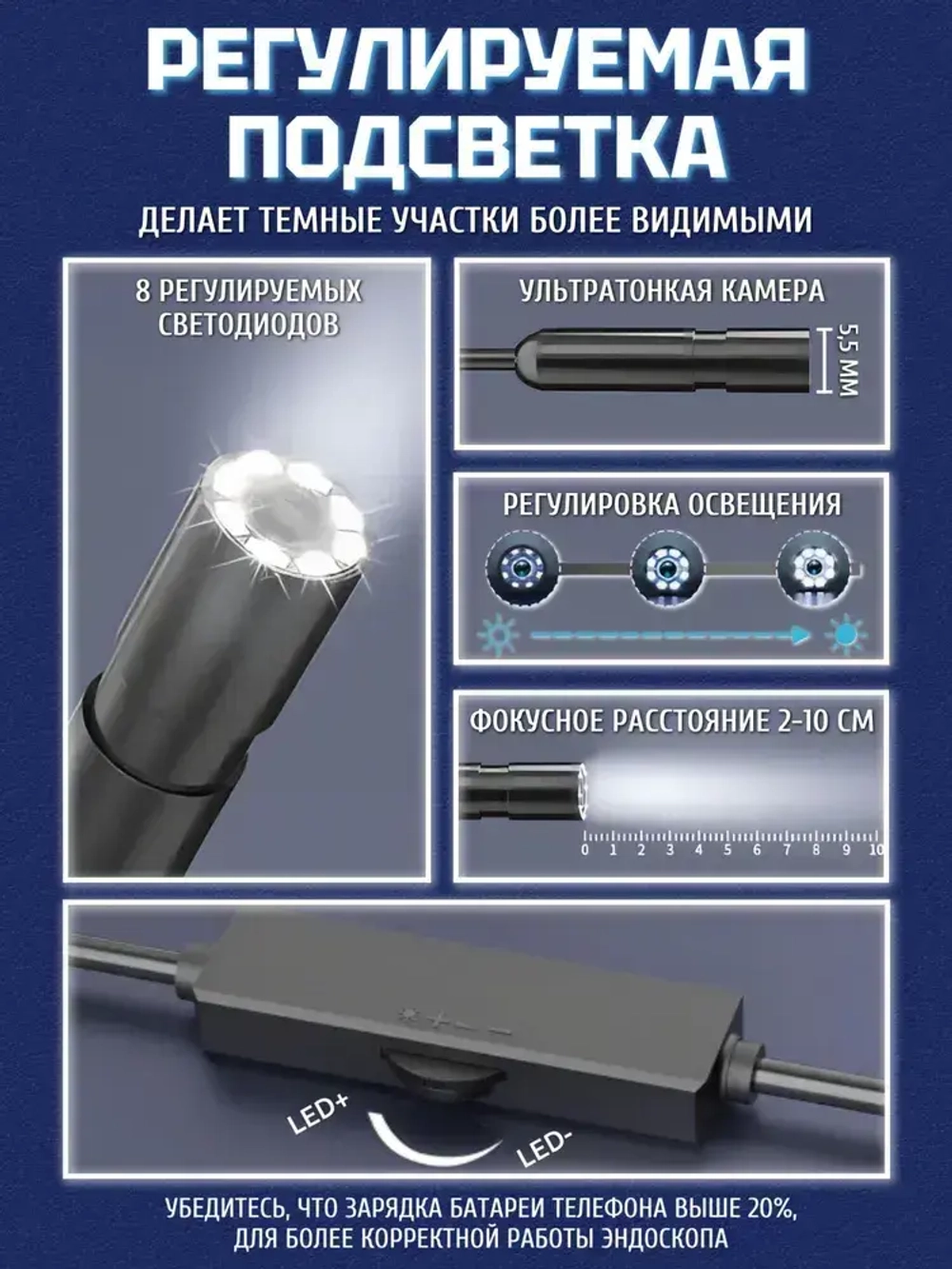 Эндоскоп для смартфона с подсветкой, 3МП, 5.5мм, водонепроницаемый, Android/iOS, 2 метра, жесткий