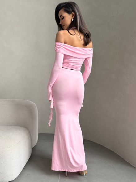 Женский костюм топ с юбкой воланы с розой розовый