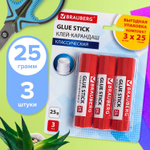 Клей-карандаш 25 г упаковка BRAUBERG 3 штуки на блистере (12 штук в упаковке)