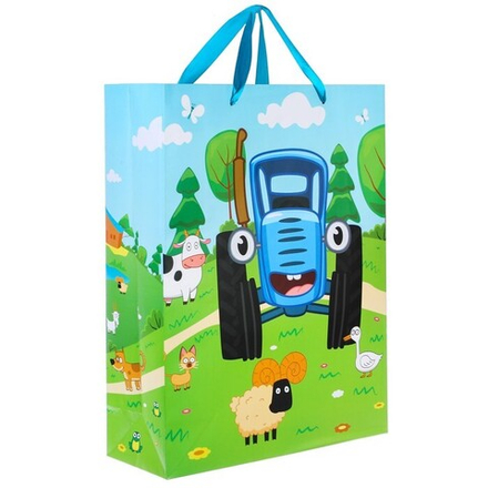 Пакет ламинированный вертикальный 31 х 40 х 11,5 см. "По полям" Синий трактор