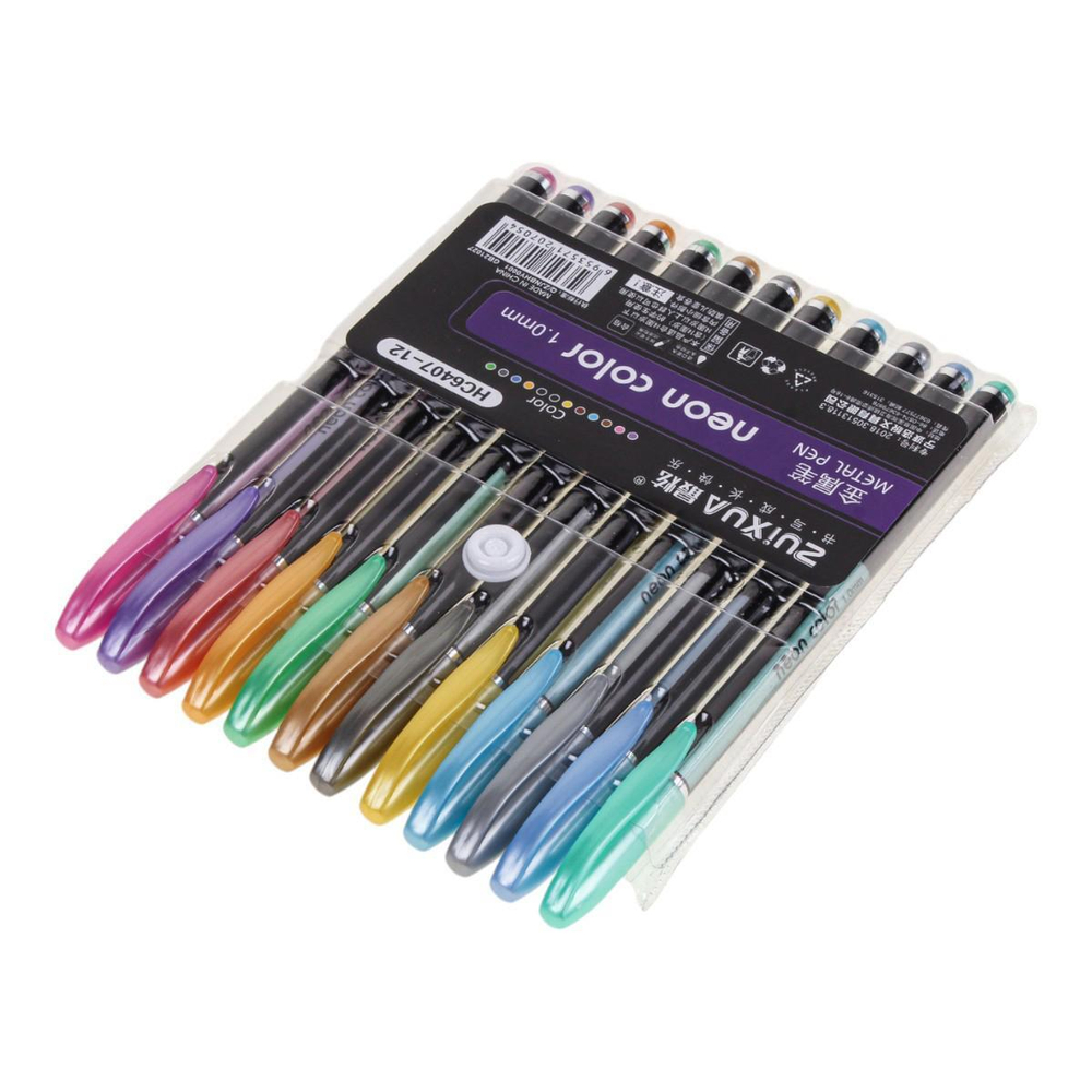 Набор гелевых ручек с металлизир. чернилами 1мм 12 штук в ПВХ упаковке