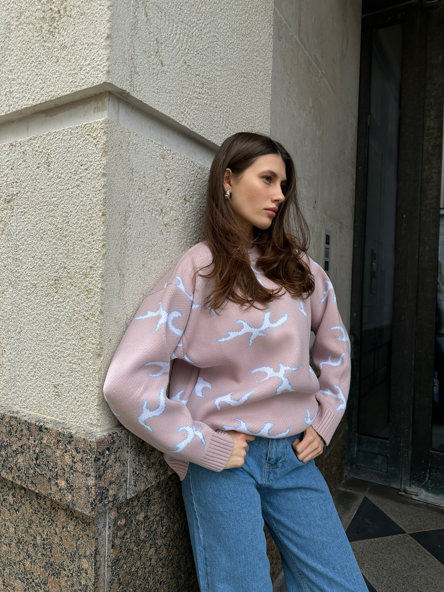 Свитер кораллы пудровый с белым