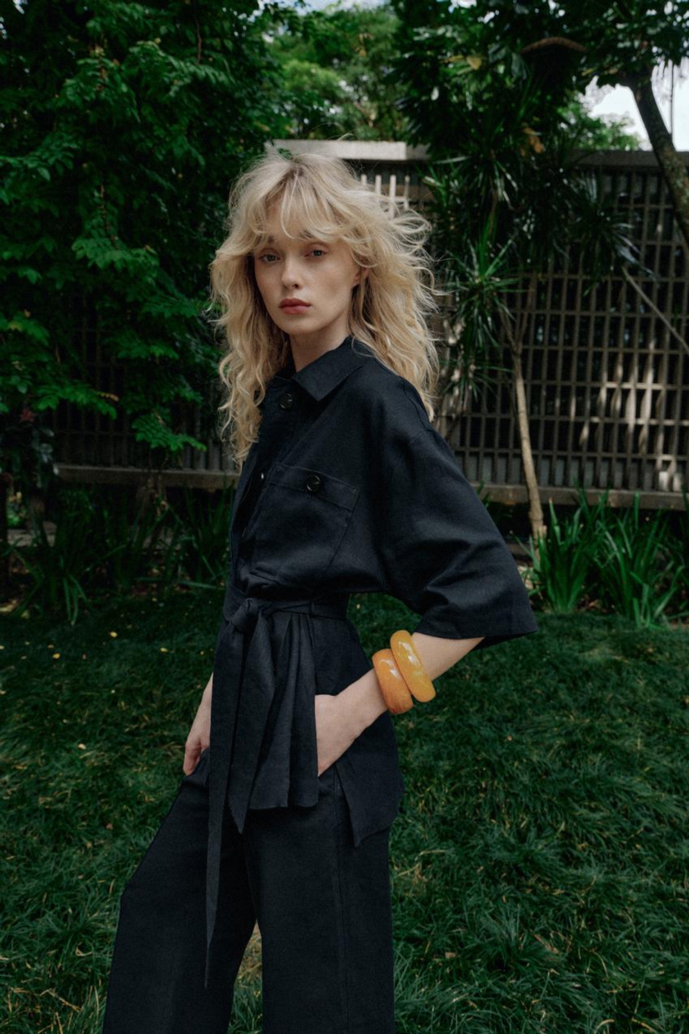 ZARA КУРТКА-САФАРИ ИЗ ЛЬНА С РЕМНЕМ, МОРСКОЙ СИНИЙ