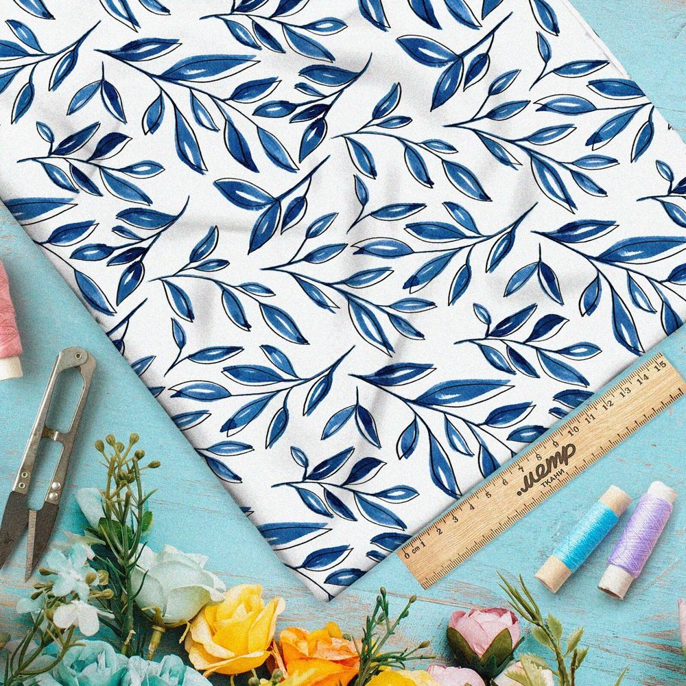 Ткань саржа утончённые листья синие