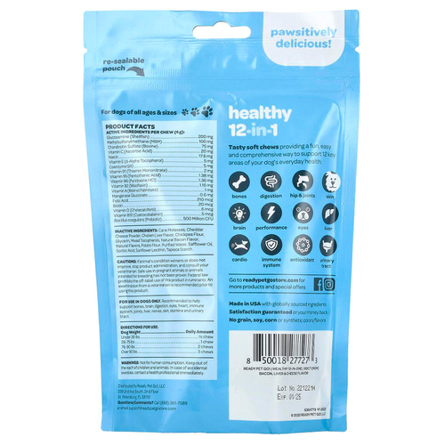 Ready Pet Go, Healthy 12-in-One, для собак, для всех возрастов, бекон, печень и сыр, 60 жевательных таблеток, 240 г (8,5 унции)