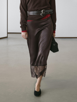 Massimo Dutti Юбка-миди с кружевной отделкой, коричневый