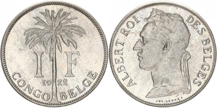 Бельгийское Конго 1 франк, 1922 ALBERT ROI DES BELGES VF