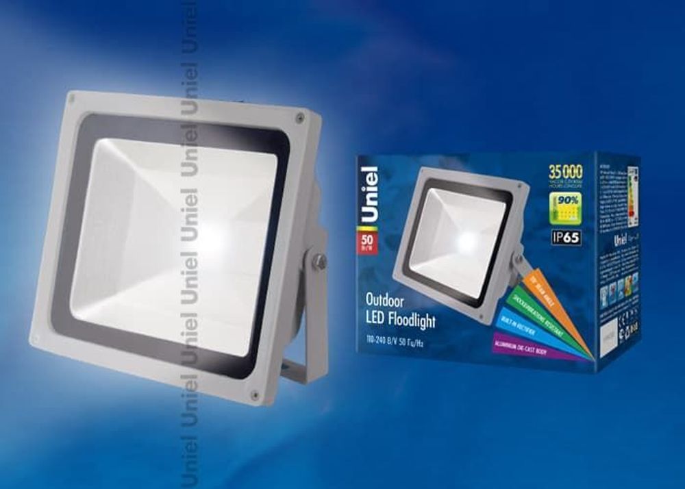 ULF-S01-50W/DW IP65 110-240В Прожектор светодиодный. Корпус серый. Цвет свечения дневной. Степень защиты IP65. Картонная упаковка