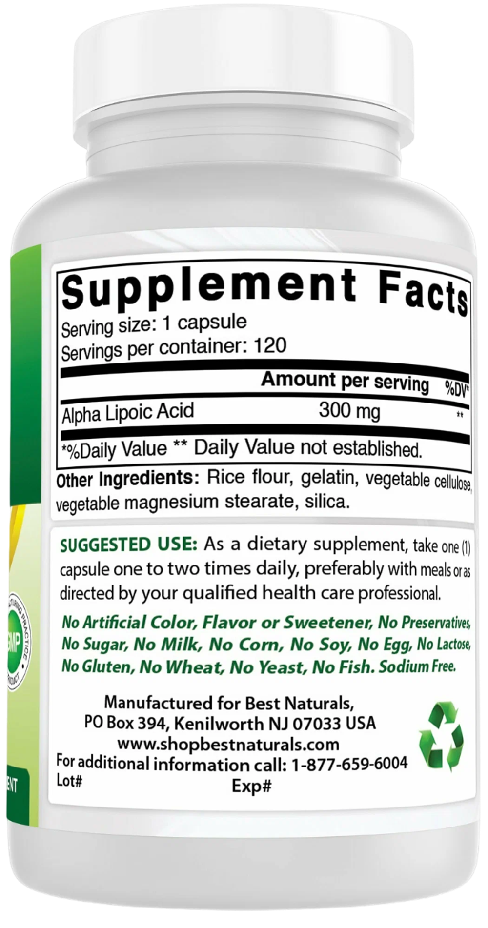 Best Naturals Alpha Lipoic Acid 300 mg 120 Capsules, Альфа Липоевая кислота