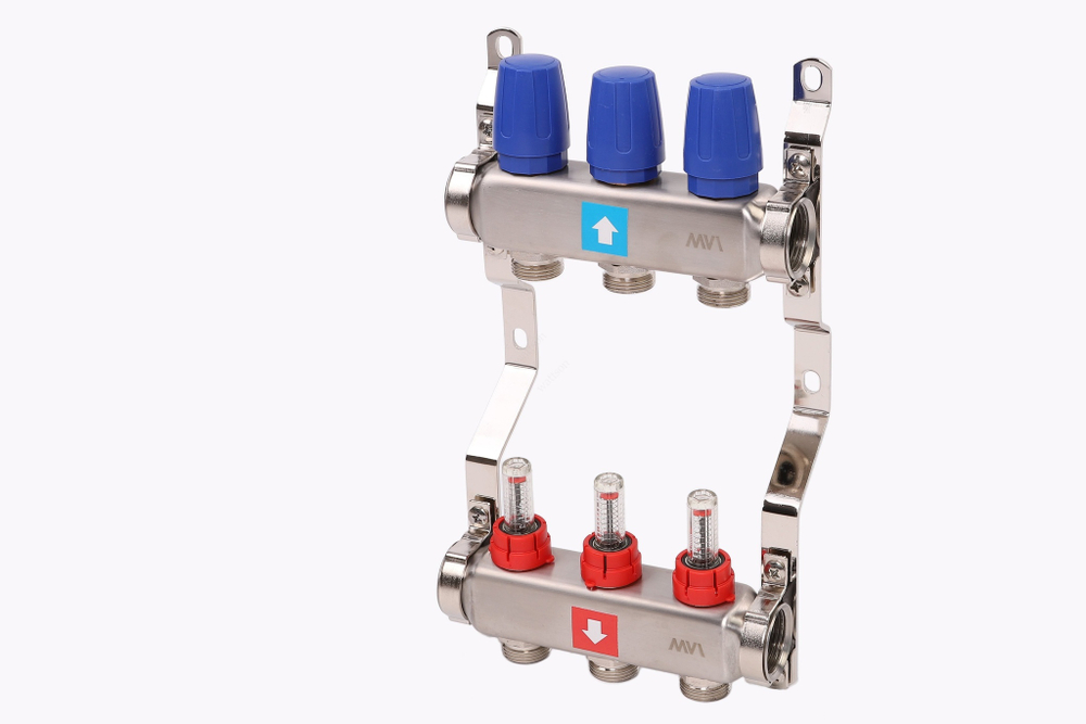 Коллекторная группа в сборе из нерж. стали с расходомерами 1" х 3 вых. Eвроконус 3/4 MVI