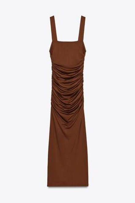 ZARA ПЛАТЬЕ ИЗ ПОЛИАМИДА С РАКУШКОЙ, КОРИЧНЕВЫЙ
