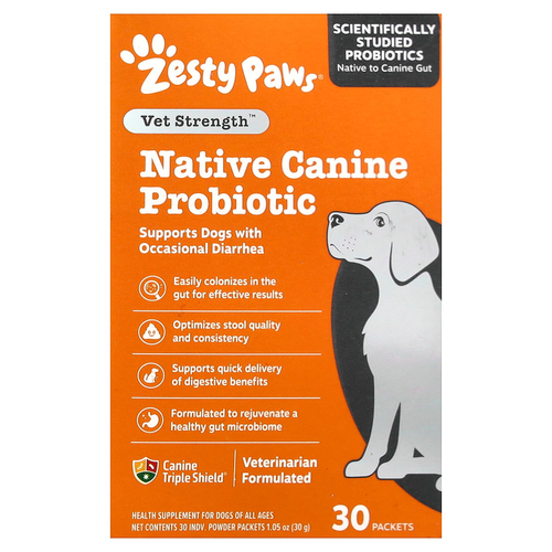 Zesty Paws, Vet Strength™, Native Canine Probiotic, в порошке, для собак любого возраста, 30 пакетиков по 1 г (0,03 унции)