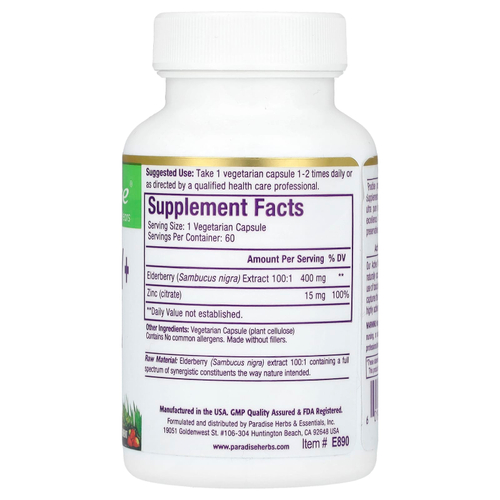 Paradise Herbs, бузина с цинком, 60 вегетарианских капсул