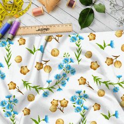 Ткань флис фундук и синие цветы на белом фоне
