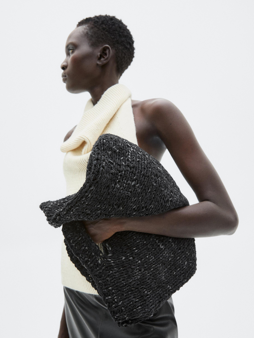 Massimo Dutti Большая кожаная сумка, связанная крючком - Limited Edition, черный