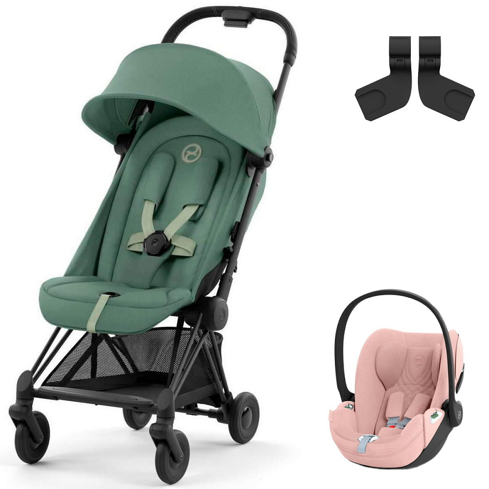 Коляска Cybex Coya Matt Black Frame Cloud T i-Size Peach Pink Plus Leaf Green с дождевиком и бампером