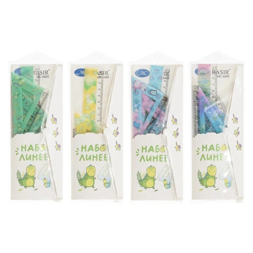 Линейка Basir пластиковая, набор 4 шт, серия "Dino", 4 предмета: линейка 20 см, транспортир и два угольника