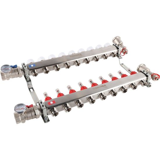 Коллектор Rommer 1"x3/4" на 9 контуров с расходомерами в сборе (нерж. сталь) RMS-1210-000009