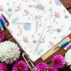 Ткань атлас плотные грозди розовых и голубых цветов