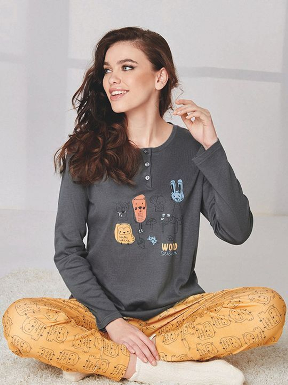 Пижама Night Life: кофта и брюки (Размер: M) (Цвет: серый с жёлтым)