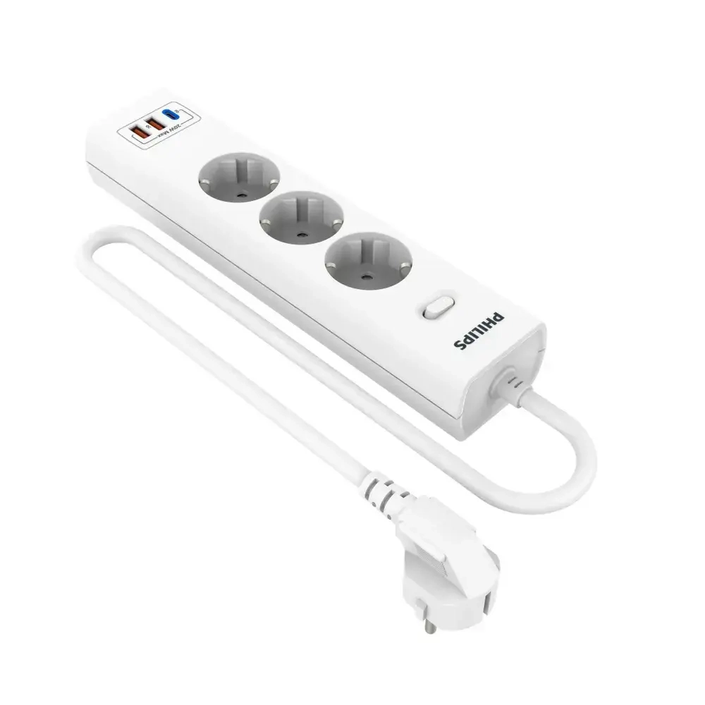 Сетевой фильтр удлинитель Philips CHP4336WA/51 с тремя стандартными розетками EU, 2 USB-A, Type-C, с заземлением и защитой от перегрузок, 2 м, белый