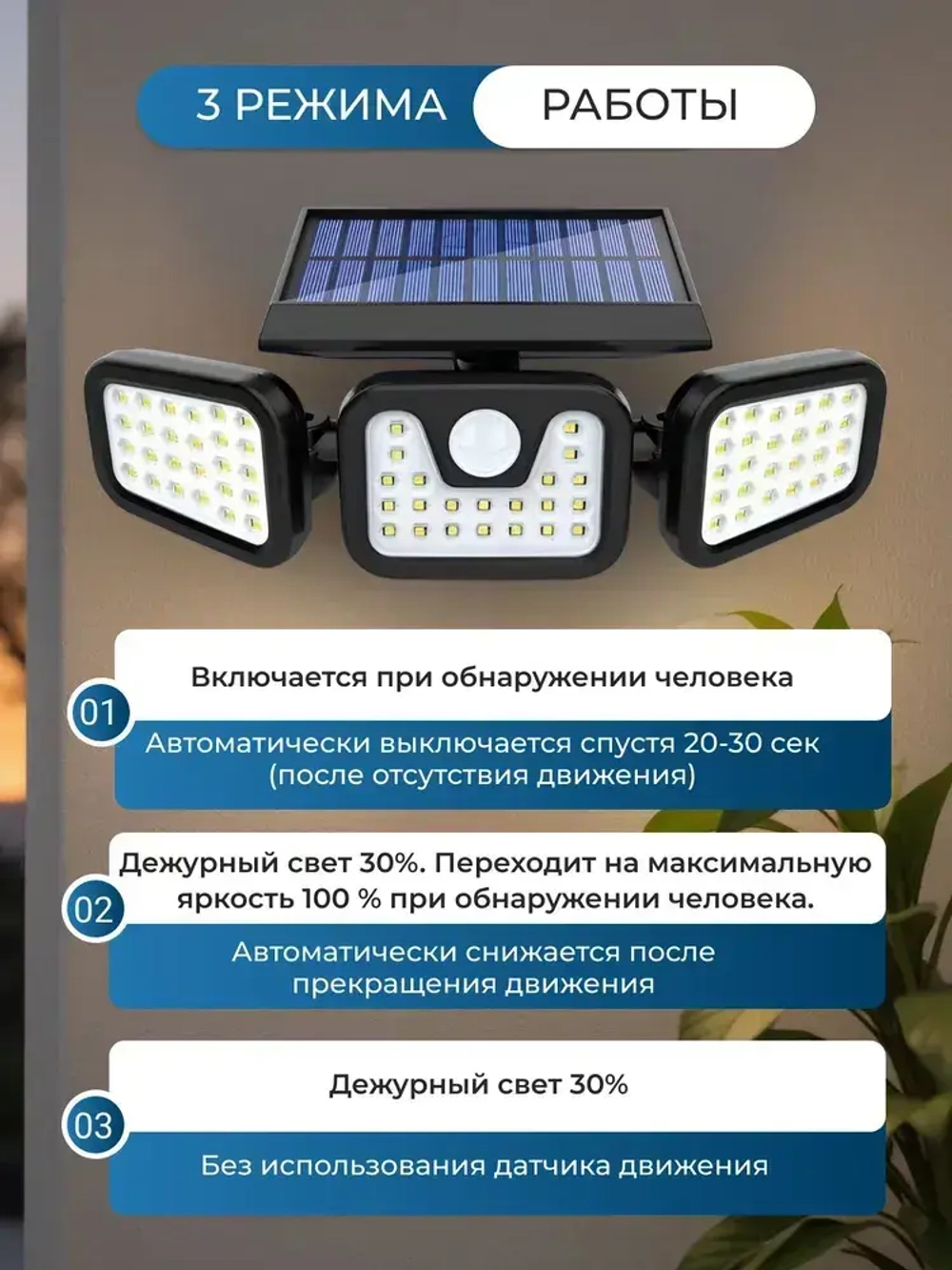 Уличный светодиодный светильник с датчиком движения на солнечной батарее