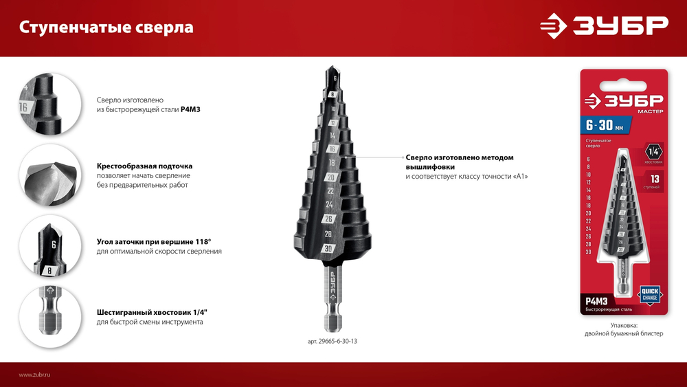 ЗУБР 4-32мм, 15 ступеней, сверло ступенчатое (29665-4-32-15)