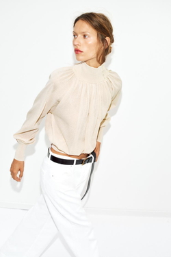 ZARA БЛУЗА СВОБОДНОГО КРОЯ ИЗ КОМБИНИРОВАННОГО ТРИКОТАЖА, ПЕСОЧНЫЙ