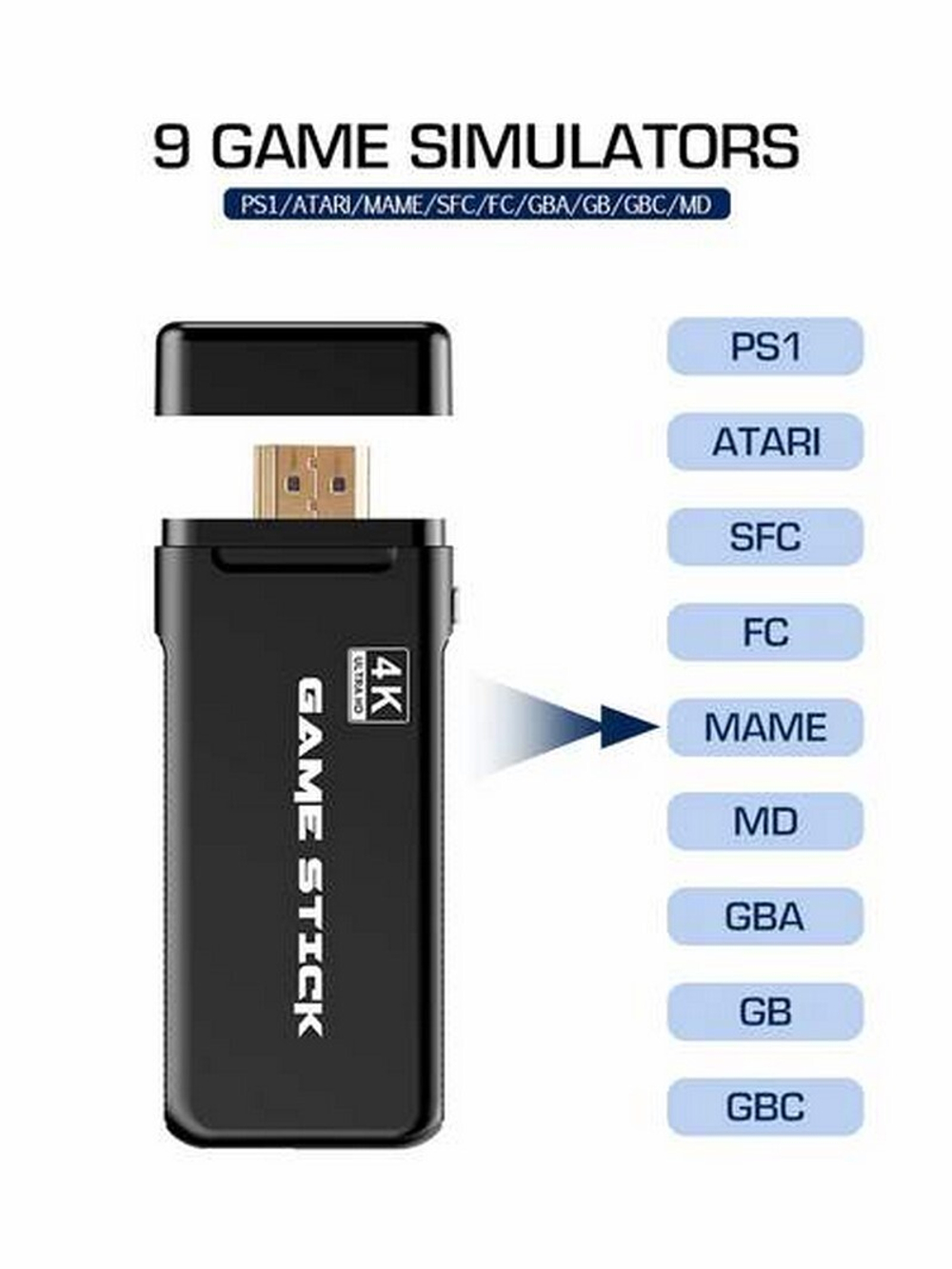 Игровая приставка 4K с бесроводными геймпадами FC/GBA/GB/GBC/MD/SFC/PS1/ATARI (3500 игр)