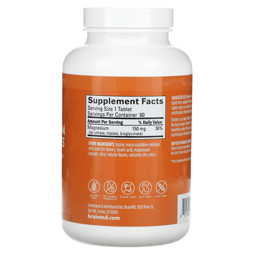 BrainMD, Жевательные таблетки с магнием, цитрусовые, 150 мг, 60 веганских таблеток