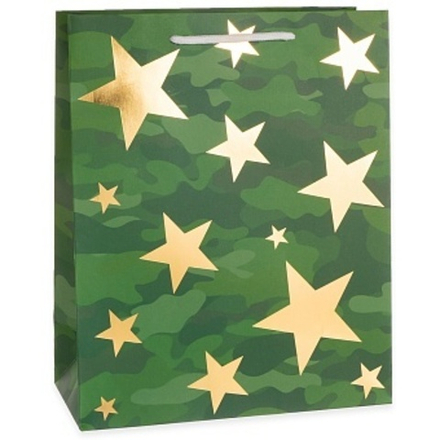 Пакет подарочный, Золотые звезды, Камуфляж, Металлик, 41*31*12 см, 1 шт.