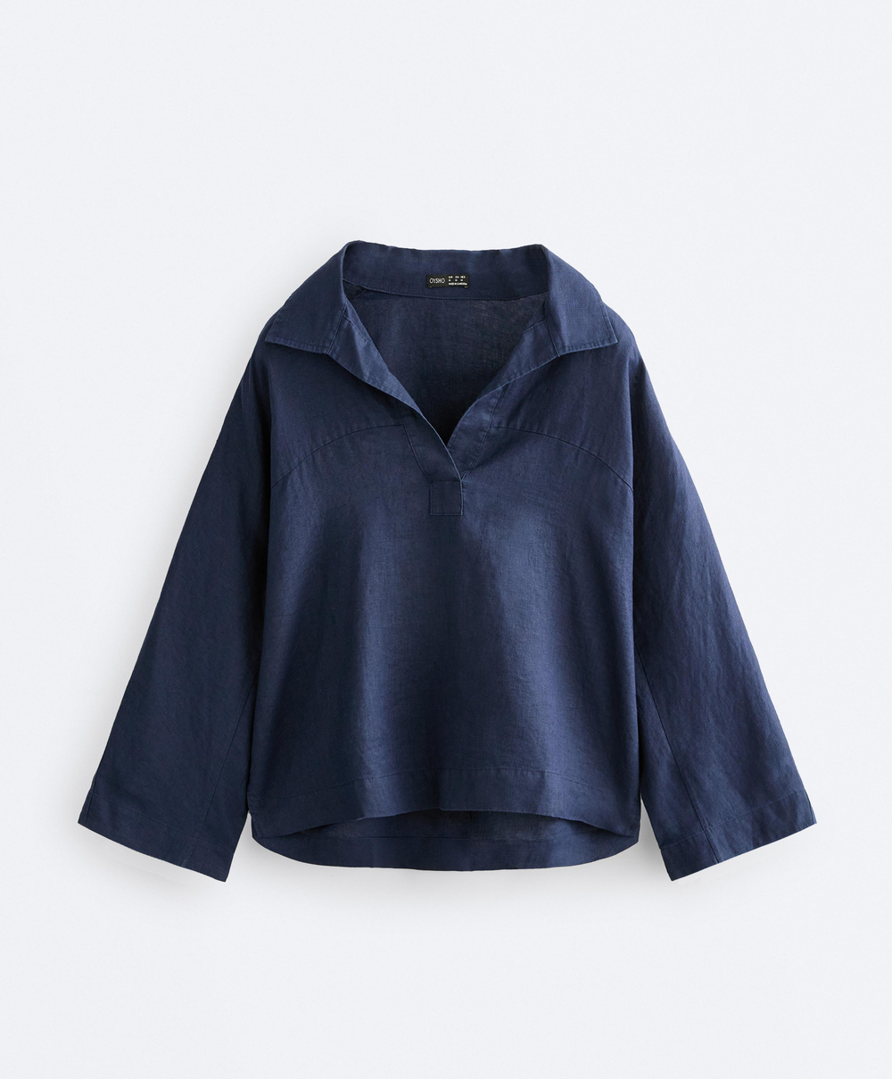 Oysho Рубашка-поло оверсайз с длинными рукавами из 100%-го льна, синий