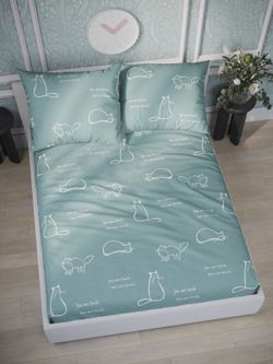 Постельное белье "КОТИКИ (мята)" 1,5-сп   наволочка 50х70 1шт Простынь на резинке 90х200 см  Пододеяльник 145х215 см  Сказка сатин