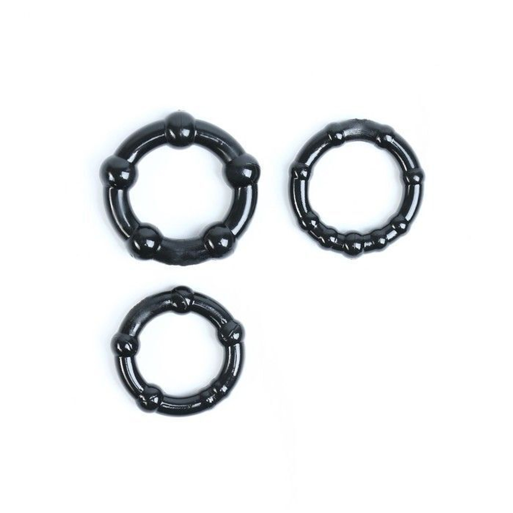 Набор из 3 рельефных эрекционных колец черного цвета (Цвет: черный)